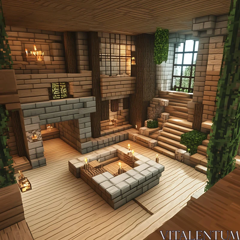 Minecraft Interior with Underground Fire Pit and Candlelight AI Image