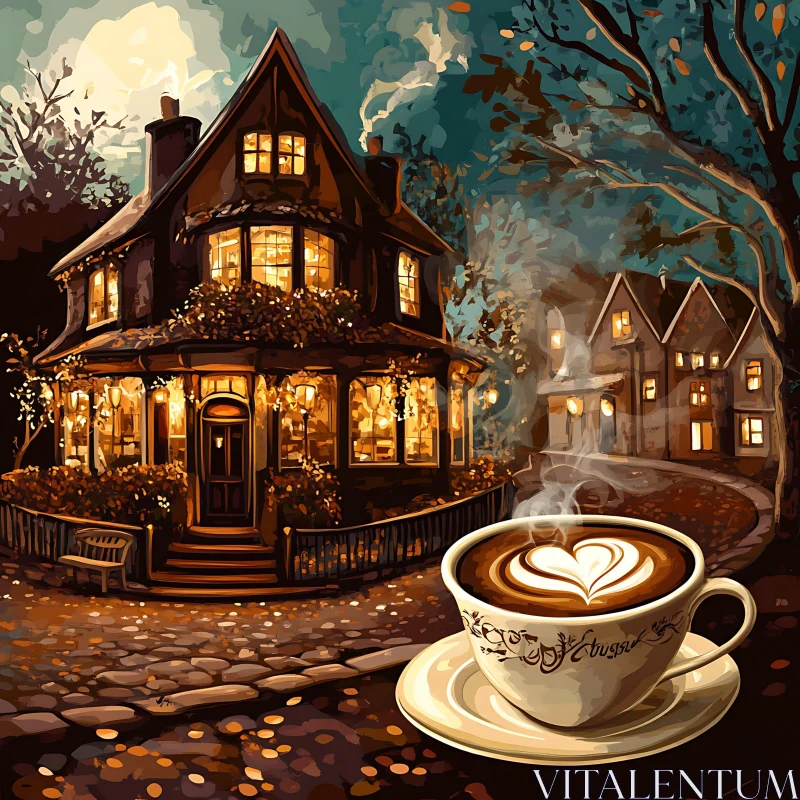 Warm Autumn Night with Cottage and Coffee AI Image