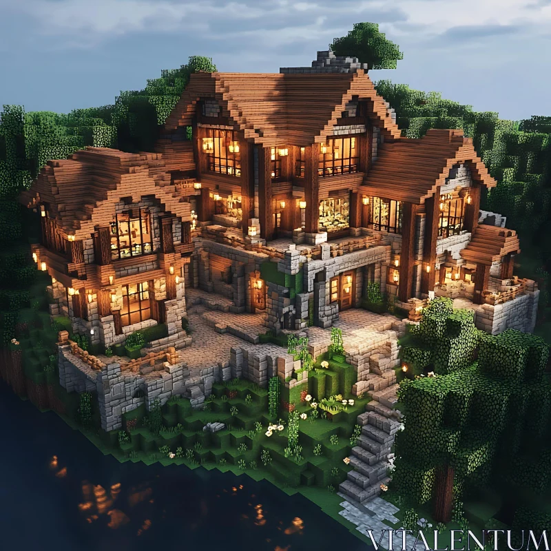 Charming Stone and Wood Mansion by the River AI Image