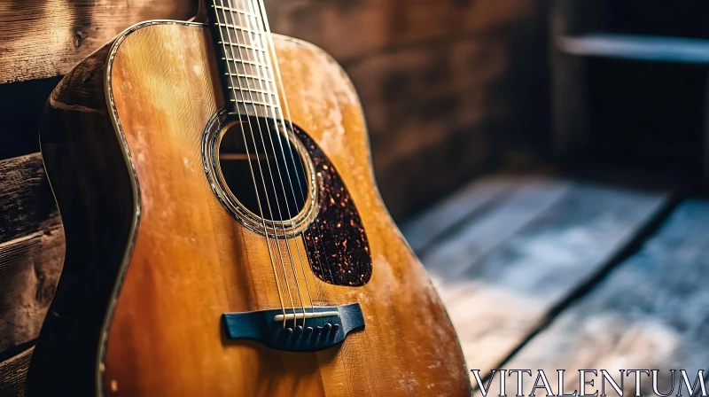 Classic Acoustic Guitar in Woodland Setting AI Image