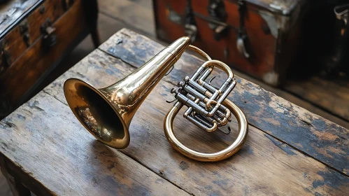 Antique Brass Trumpet on Wooden Surface