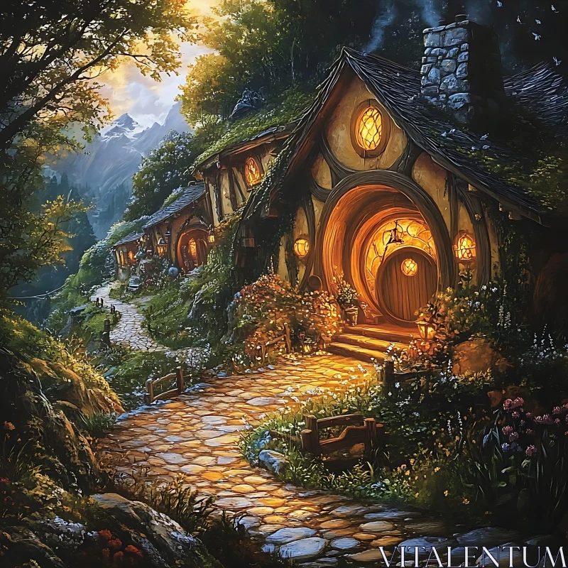 Enchanting Pathway to Hobbit-Like Cottages AI Image