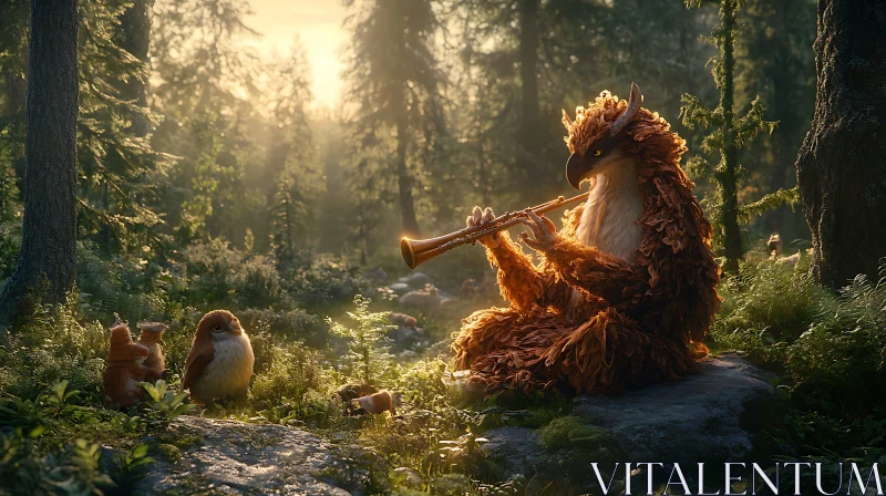 Mystical Owl Flutist in Forest Dawn AI Image