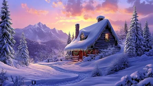 Snowy Cabin at Sunset in Winter Wonderland