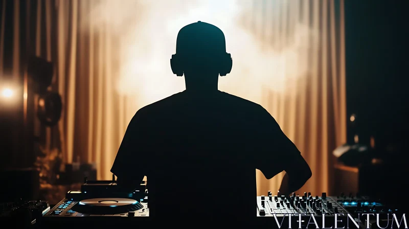 Silhouette of DJ on Stage with Headphones and Turntables AI Image