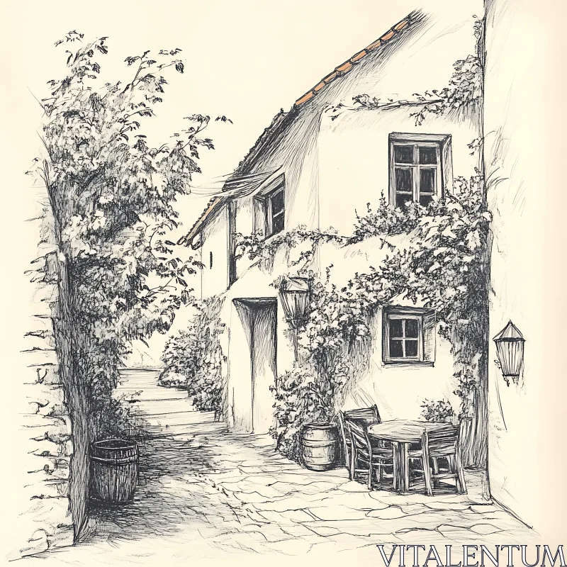 Quaint Monochromatic Alley Sketch AI Image