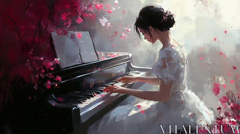 Serene Woman Playing Piano Amidst Blossoms AI Image