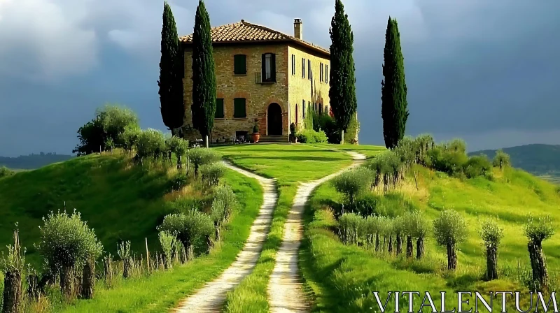 Idyllic Tuscan Countryside Home Amid Verdant Landscape AI Image