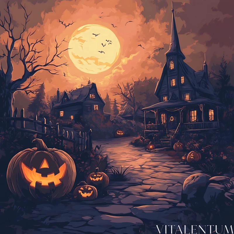 AI ART Eerie Full Moon with Haunted House and Halloween Pumpkins