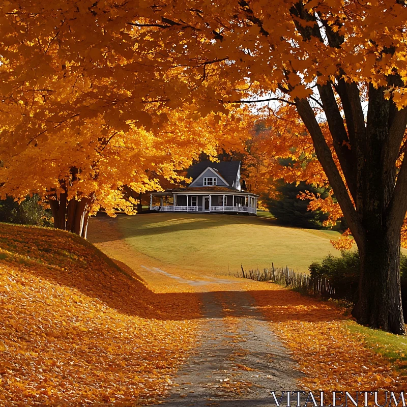 House in Autumn Landscape with Path and Orange Trees AI Image