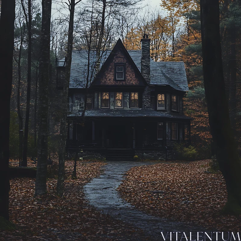 Spooky Gothic House Surrounded by Autumn Leaves AI Image