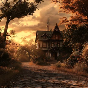 Charming House in Autumn Landscape at Sunset