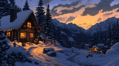 Warm Lights in a Snowy Mountain Cabin