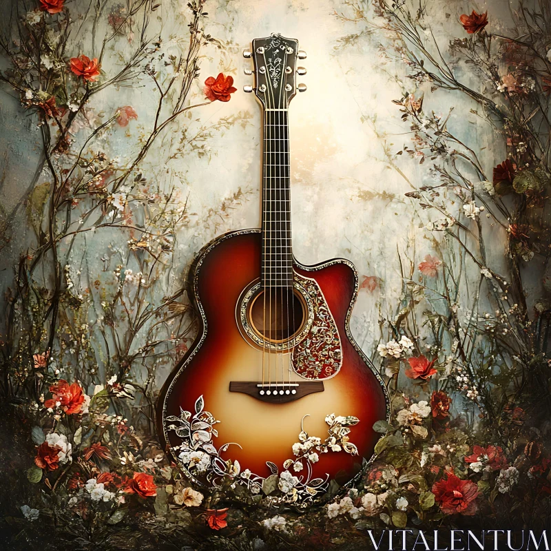 Nature-Inspired Guitar Art with Floral Elements AI Image