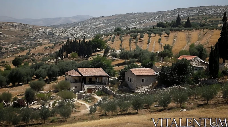 Rustic Rural Landscape with Terraced Fields and Distant Towns AI Image