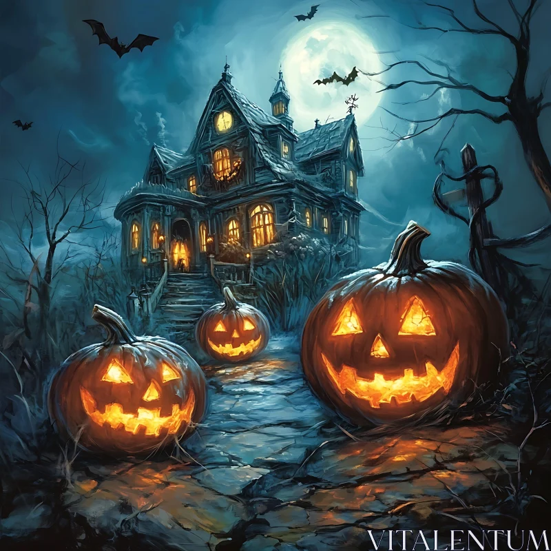 Haunted House and Jack-O'-Lanterns under Full Moon AI Image