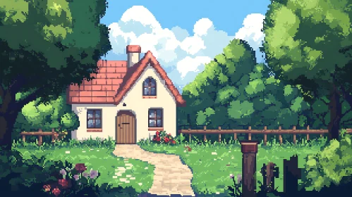 Pixel Art Cottage in a Verdant Garden