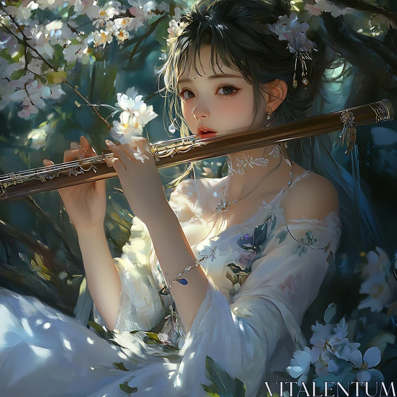 Serene Woman with Flute in Floral Surroundings AI Image