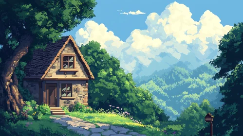 Pixel Art Mountain Cottage Scene