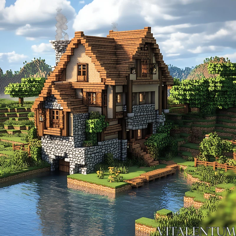 Charming Pixelated Cottage Near a Calm Lake AI Image