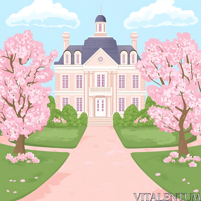 Springtime Mansion with Cherry Blossom Trees AI Image