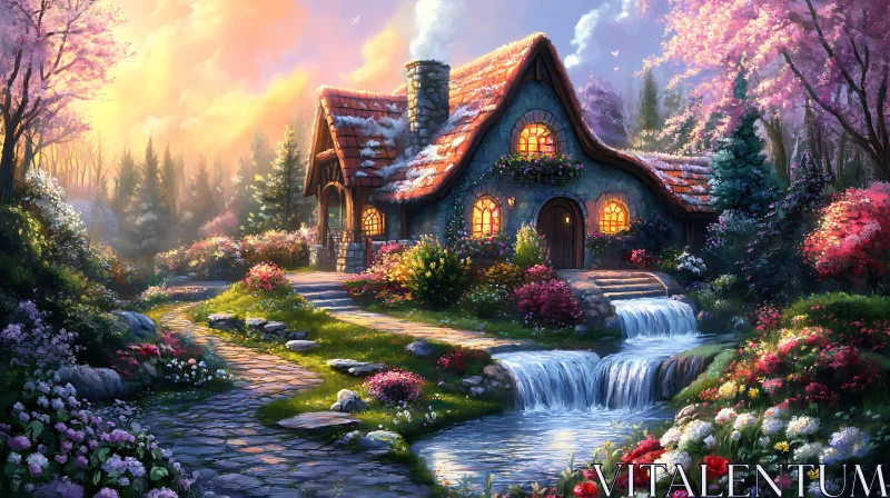 Serene Cottage with Waterfall and Blossoming Garden AI Image