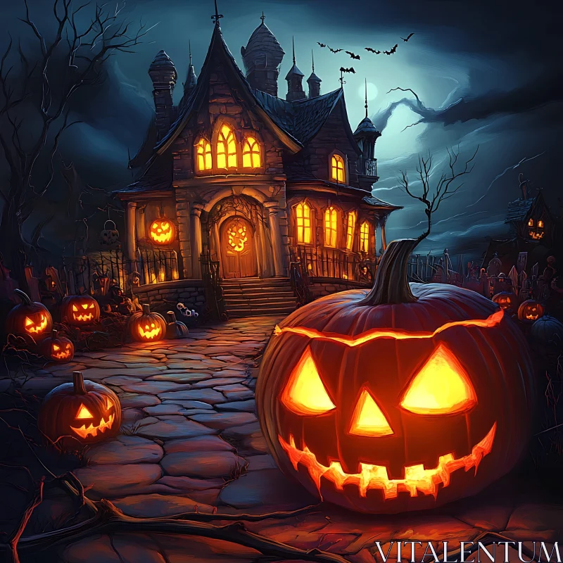 AI ART Eerie Haunted House with Jack-o'-lanterns