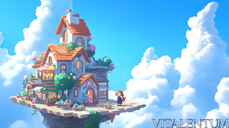 Magical Floating Island with Charming House AI Image