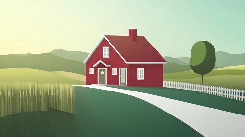 Peaceful Countryside Red House Illustration