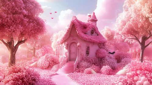 Fairy Tale Cottage Surrounded by Pink Blossoms