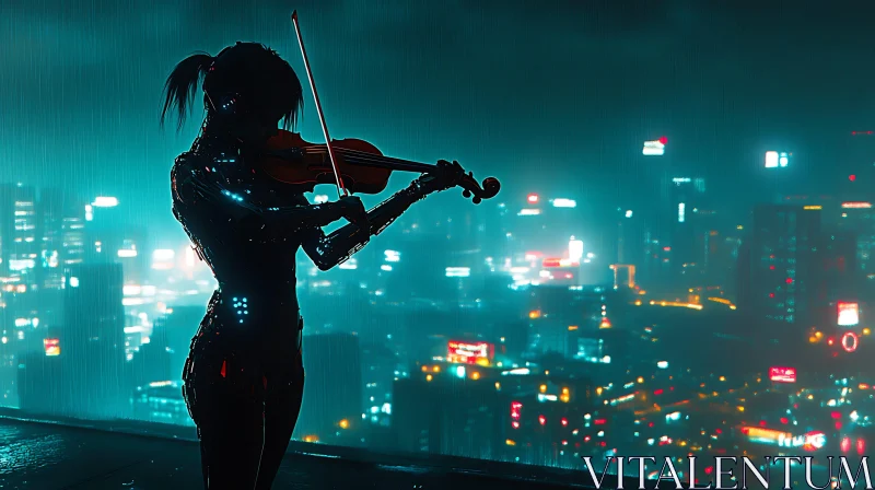 Solitary Cyborg with Violin in Neon-Lit Rainy City AI Image