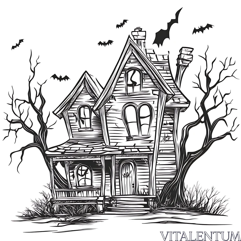 Gothic Haunted House with Bats in Black and White AI Image