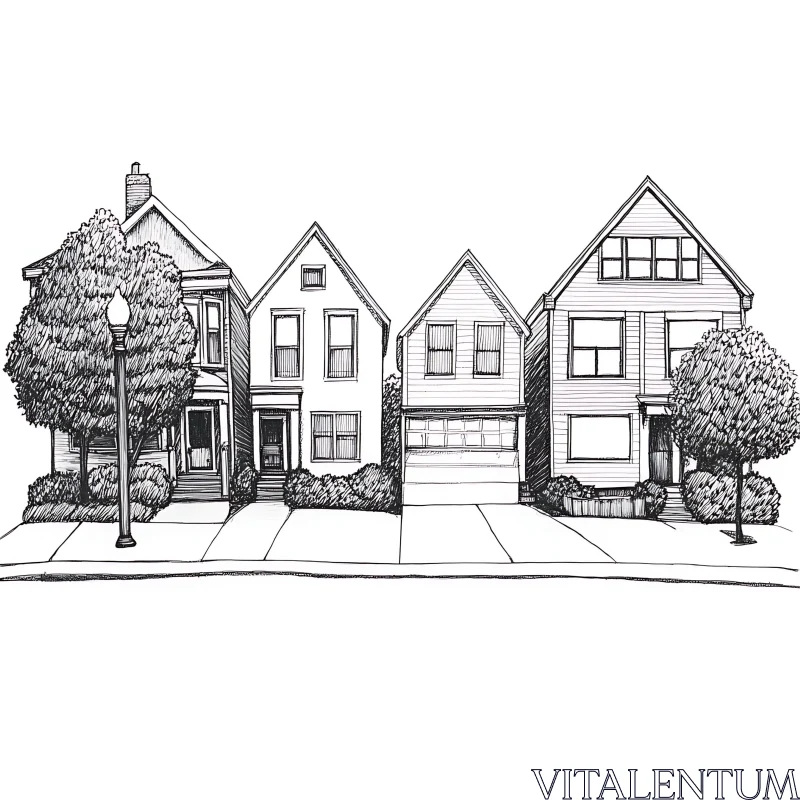 Suburban Residential Line Art Scene AI Image