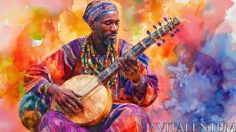 Vibrant Painting of a Musician Playing String Instrument AI Image