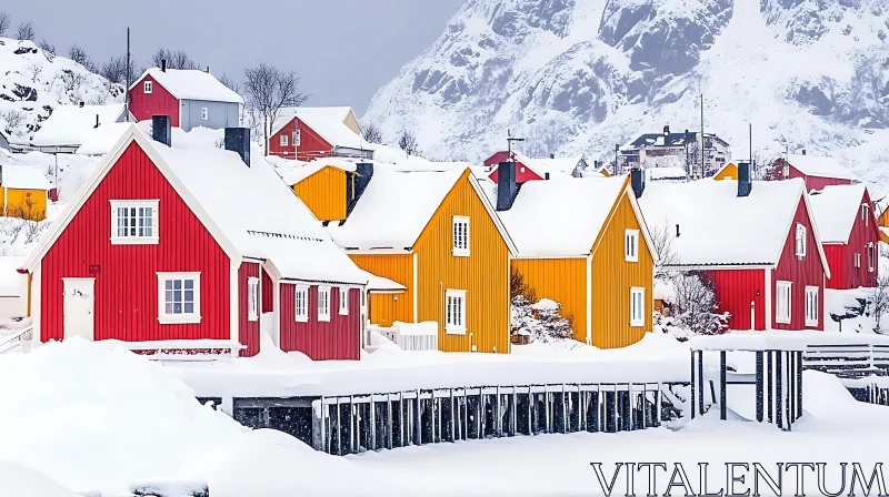 Snow-Covered Village with Vibrant Red and Yellow Houses AI Image