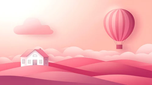 Whimsical Countryside Landscape with Pink Balloon