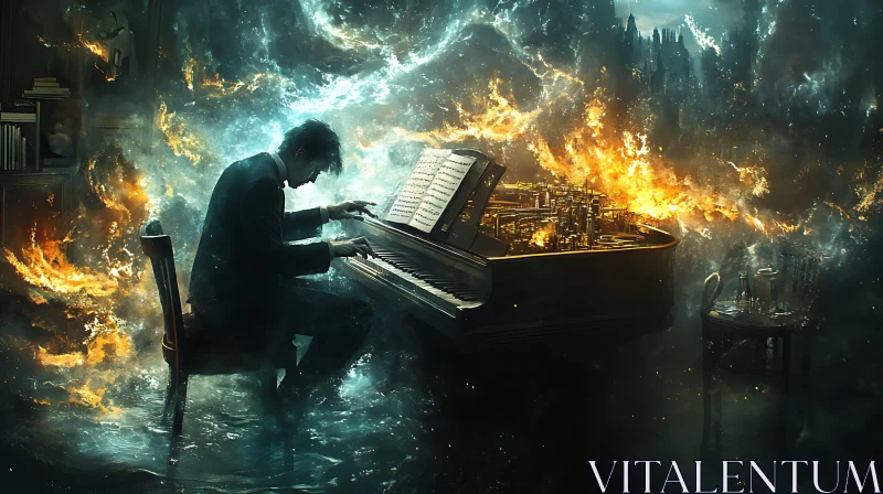 Mystical Piano Performance in Elemental Chaos AI Image