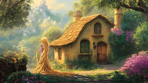 Whimsical Scene Featuring a Fairytale Cottage and Castle