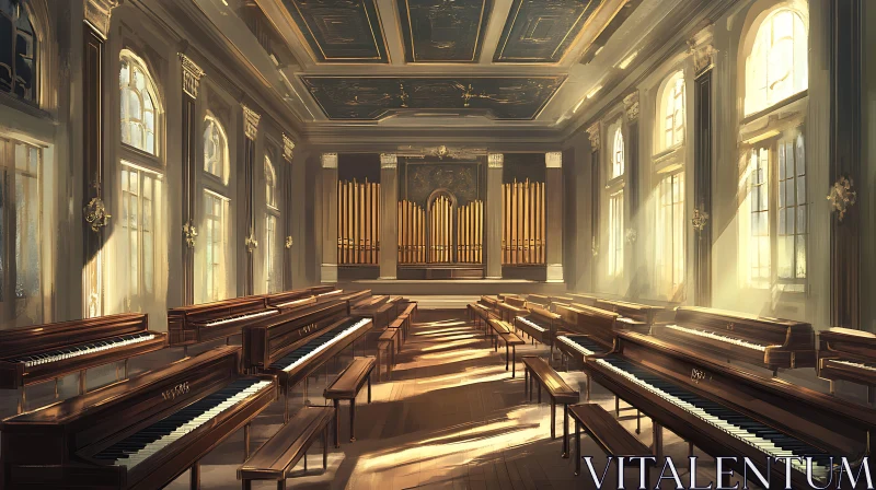 Opulent Piano-Filled Concert Hall Bathed in Sunlight AI Image