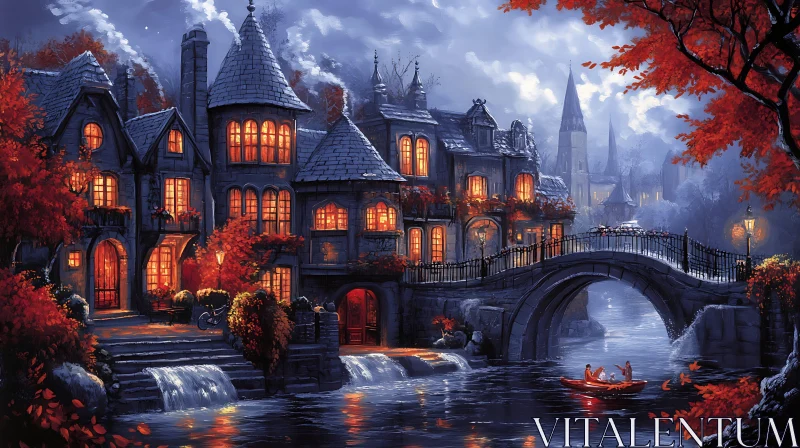 AI ART Enchanting Night in a Quaint Village by the River