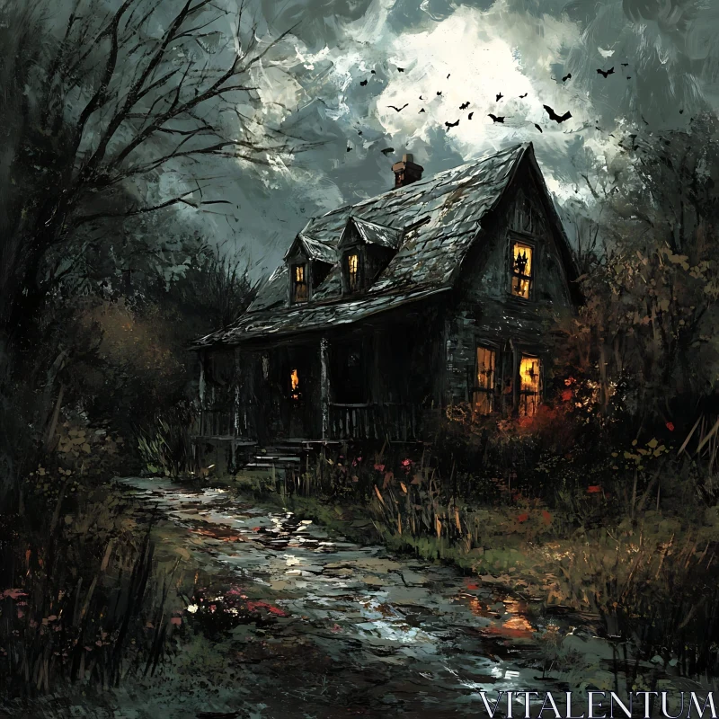 Spooky House with Eerie Lighting in a Gloomy Setting AI Image