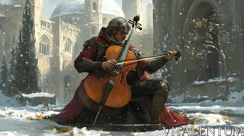 AI ART Ancient Courtyard Cello Performance in Winter