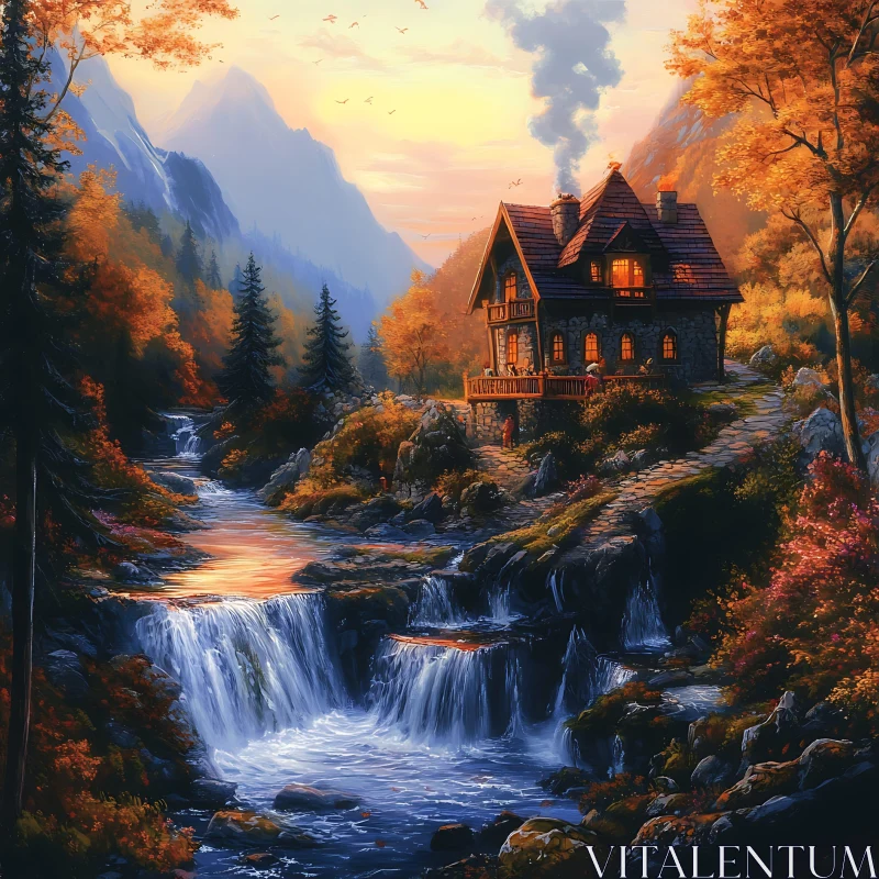 Autumn Mountain Retreat by Cascading Waterfall AI Image