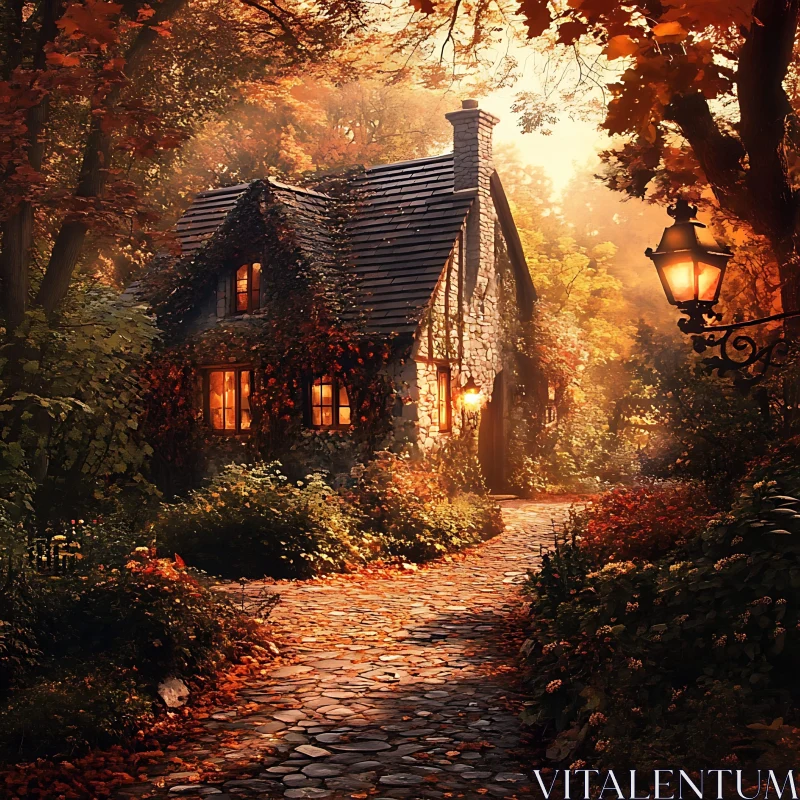 Charming Stone Cottage Amidst Autumn Forest AI Image