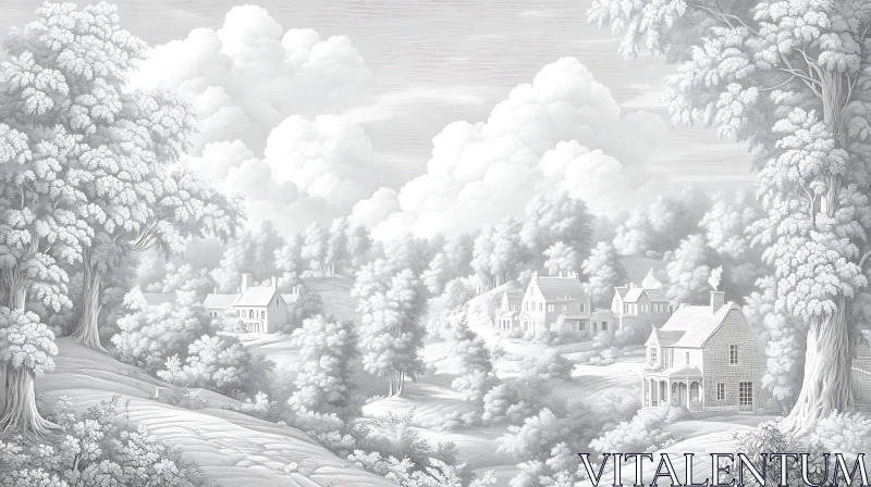 AI ART Tranquil Village Scene in Grayscale with Cloudy Sky