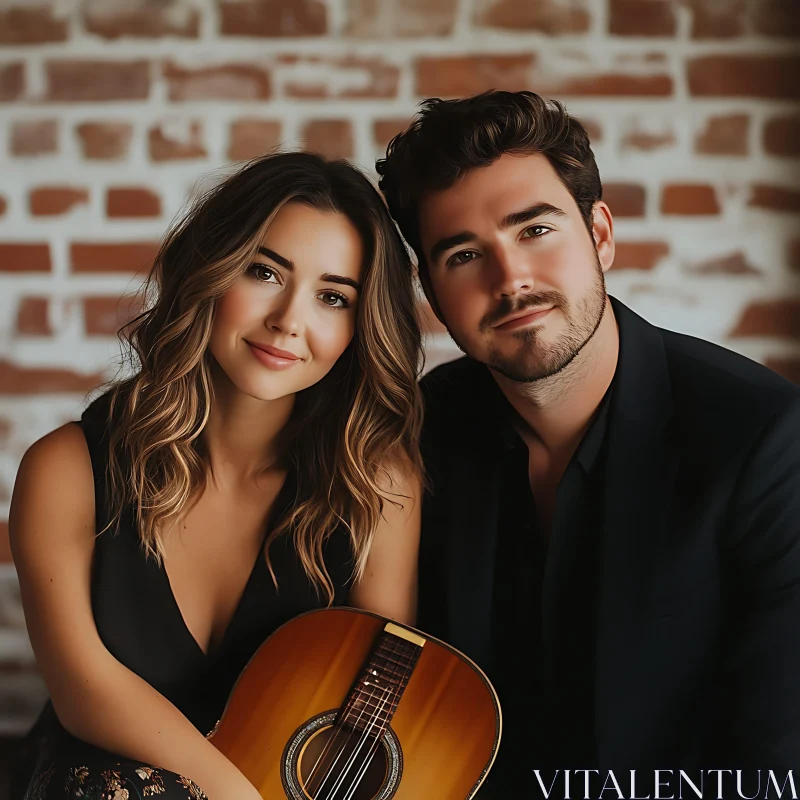 Couple Portrait with Guitar in Front of Brick Wall AI Image