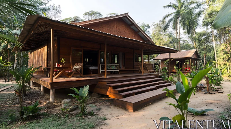 Wooden Eco-Friendly House in Lush Jungle AI Image