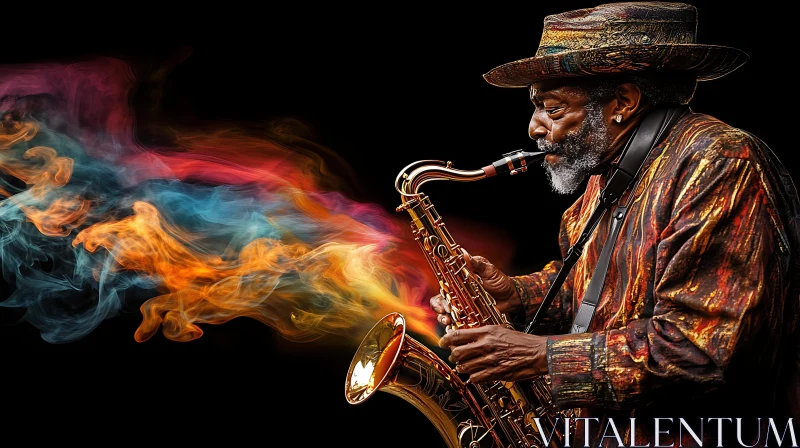 Saxophonist Emerged in Colorful Notes AI Image