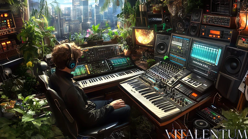 Music Production Setup Surrounded by Plants AI Image