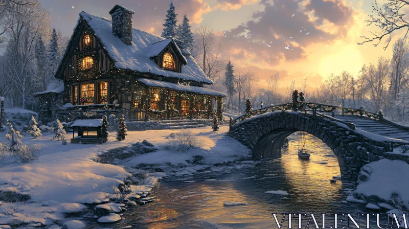 AI ART Festive Cottage by a Snowy River